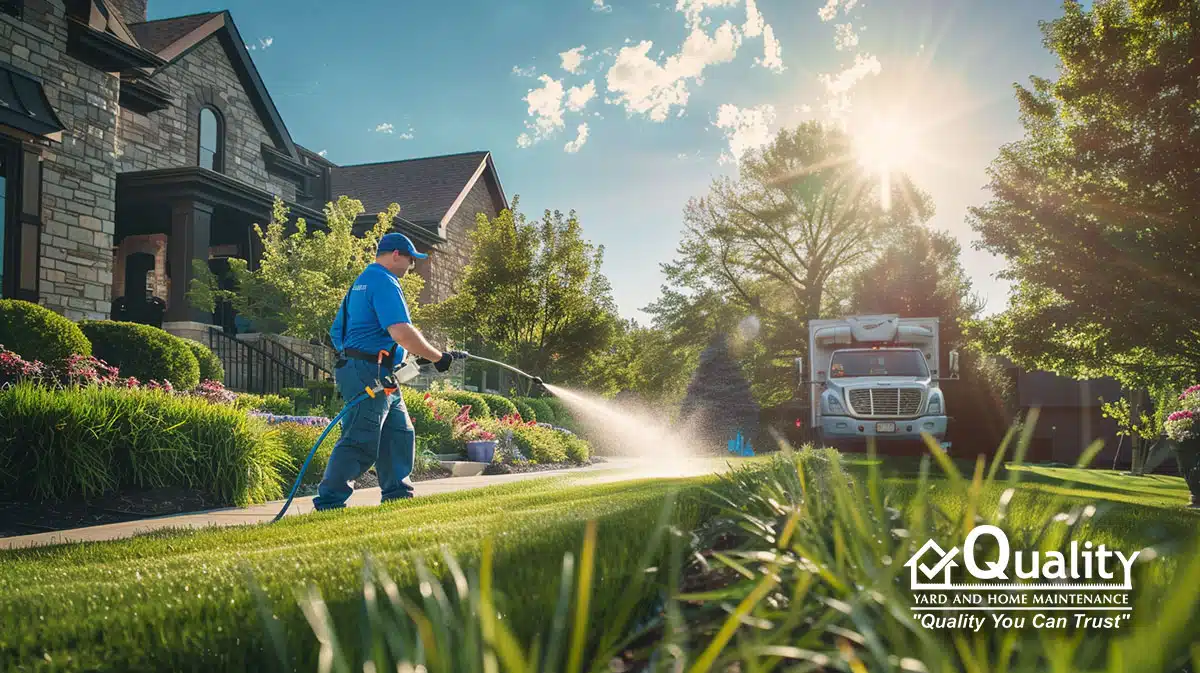 Lawn care specialist spreading liquid fertilizer on a lawn in Columbus Ohio